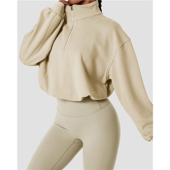 Women's Half Zip High Neck Crop Sweatshirt Long Sleeve Pullover Athletic Top - Picture 5 of 8